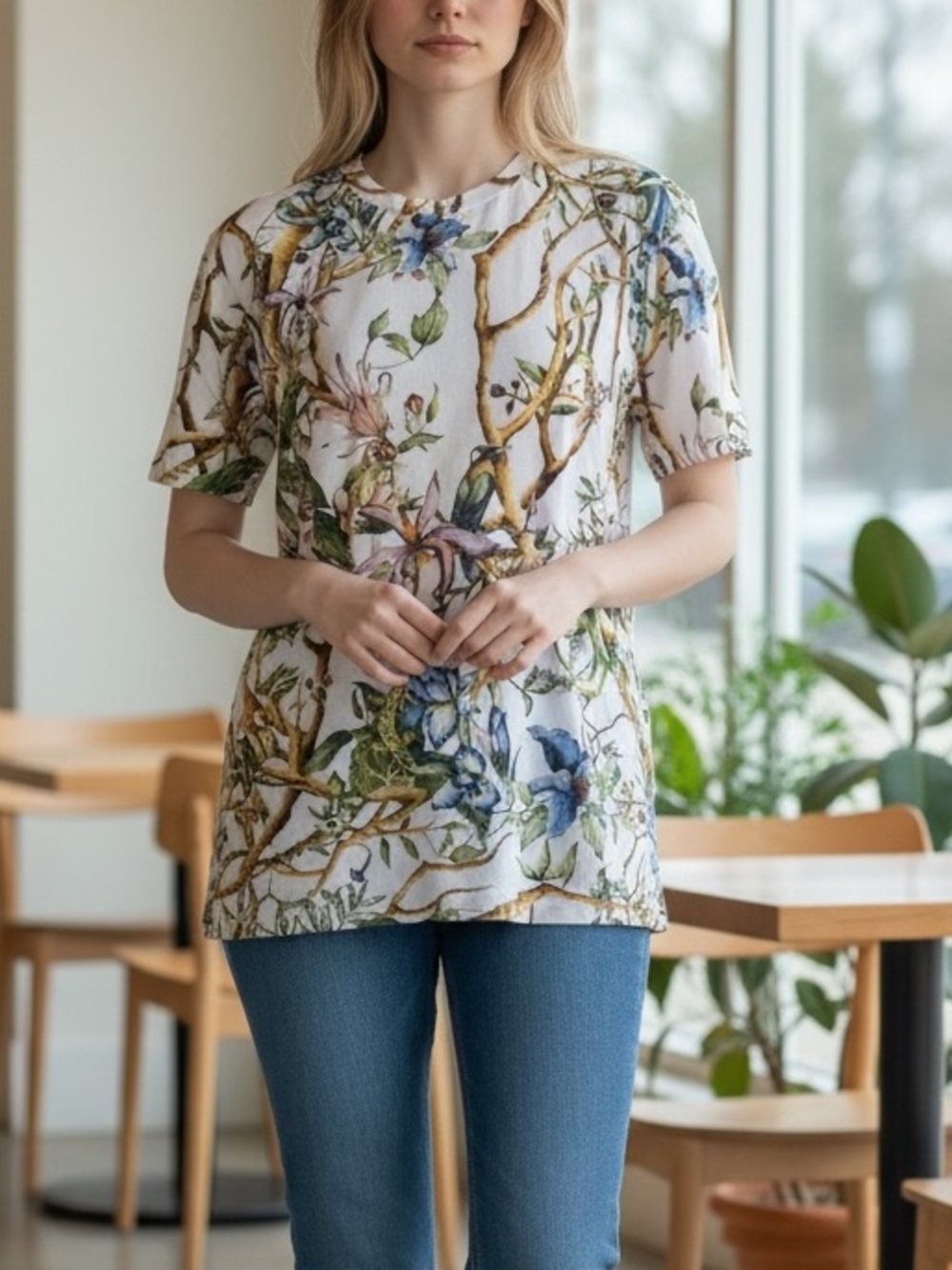 ZARA Floral Animal Print Bird Snake White Green T Shirt